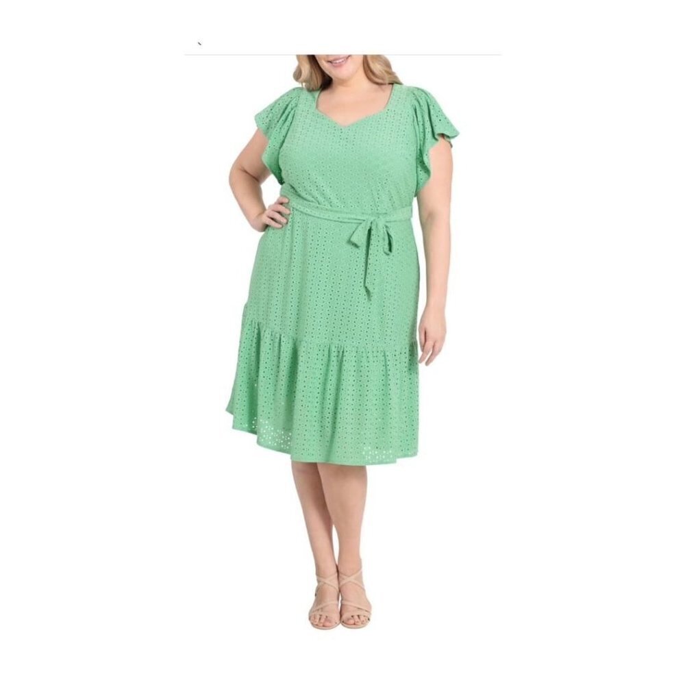 London Times Womens Green Flutter Sleeve Soft Eyelet Midi Dress Plus Sz 16W New